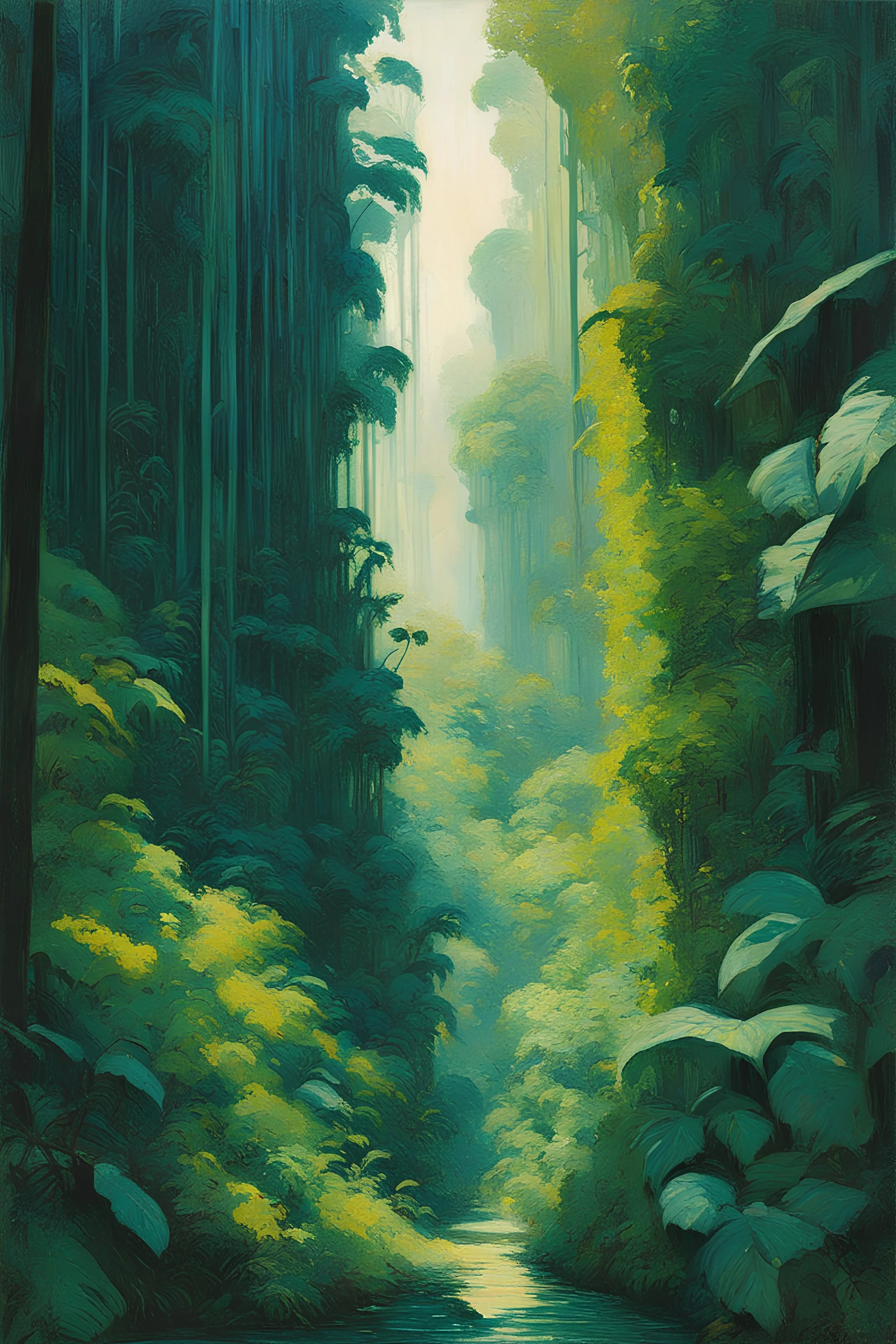 [Kupka] Driven by an unexplained urge, Dorothy followed her instincts, venturing outside the city limits and into the dense jungle that surrounded it. The lush vegetation stretched as far as the eye could see, a stark contrast to the metal and glass jungle she called home. The cyberpunk world seemed distant here, replaced by the vastness of nature. Vines, trees and exotic plants formed a tangled web all around her. Birds of vibrant plumage called from the canopy high above. Strange insectoid buz