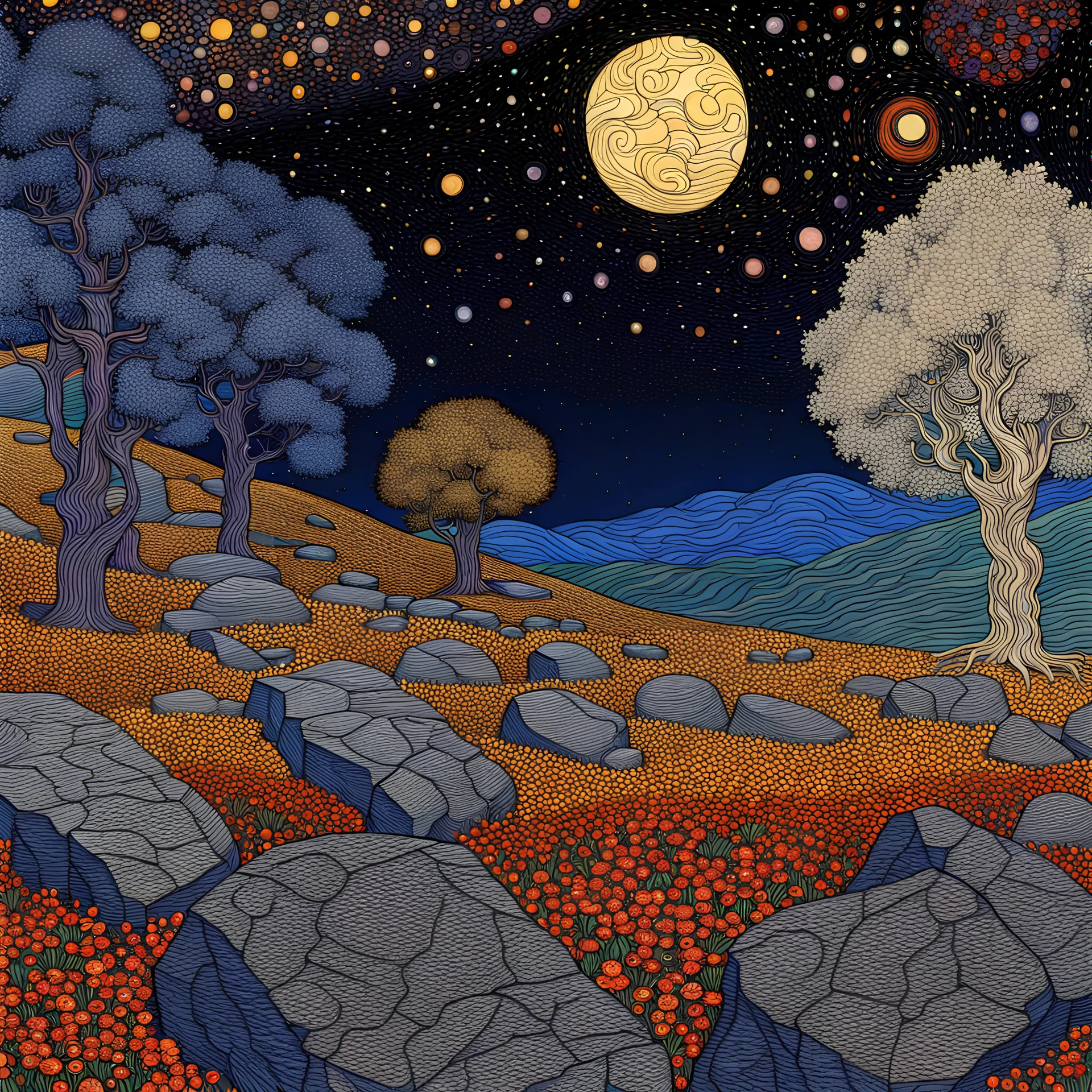 Colourful, peaceful, Gustav Klimt , Max Ernst, Vincent Van Gogh, night sky filled with galaxies and stars, rocks, trees, flowers, one-line drawing, sharp focus, 8k, deep 3d field, intricate, ornate