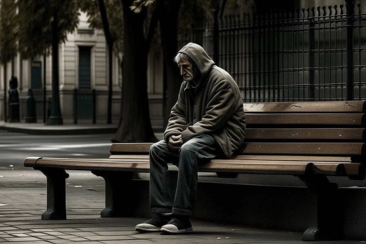 man sitting on a bench in the street