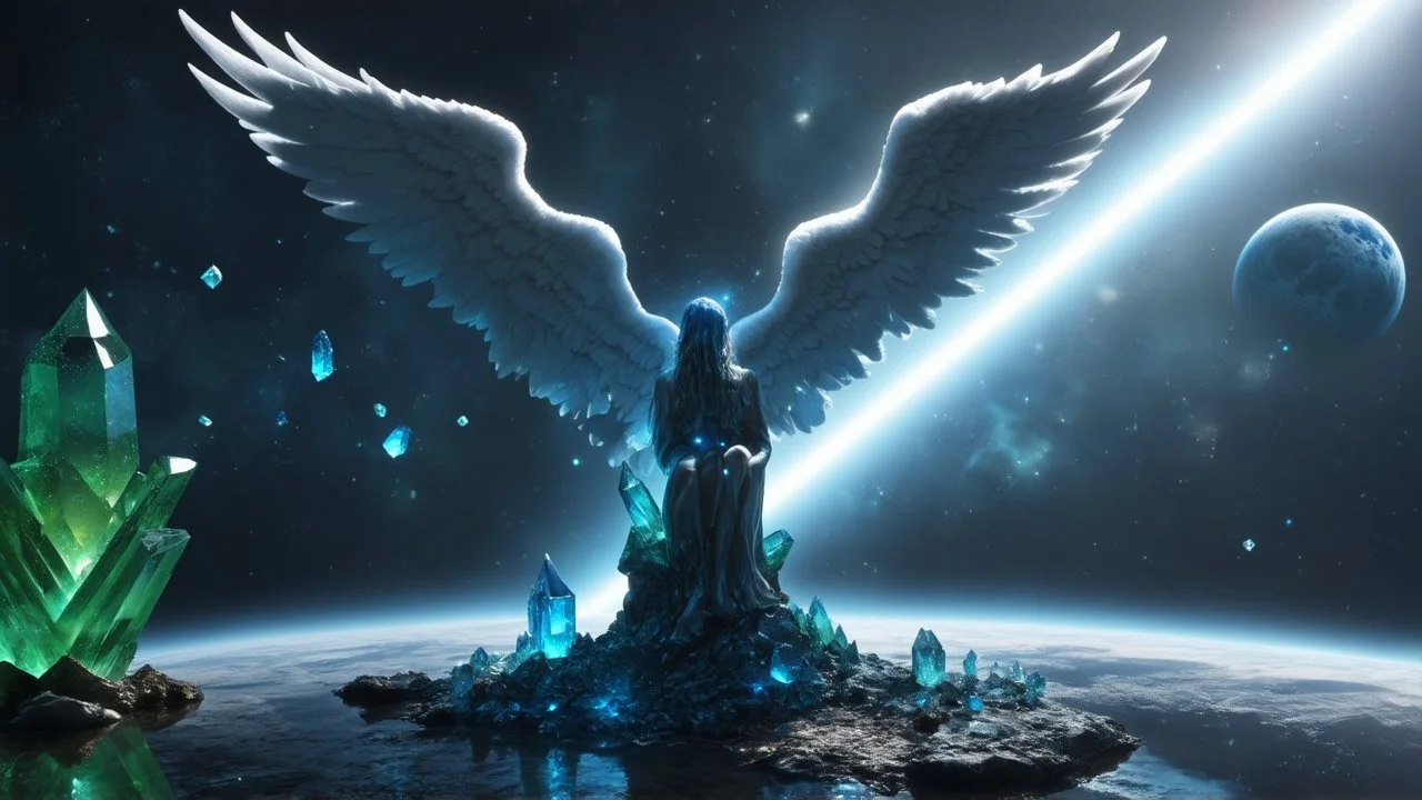 angel with a wings siting on the blue monolith made of blue tiberium crystals of lights, matrix universe, planets on the back grounds, green crystals of tiberium on the life and right