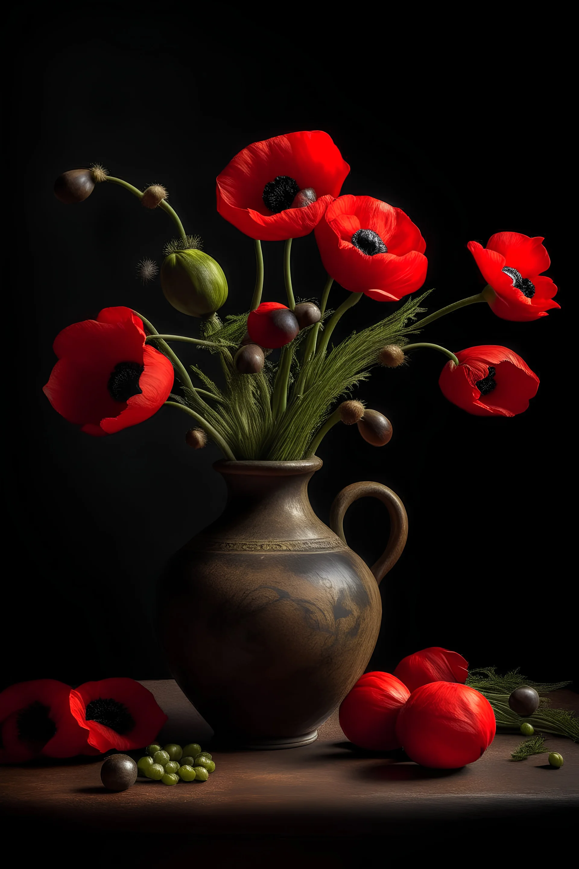 a still life of a vase full off poppys