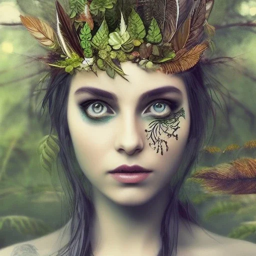 Portrait of beautiful girl, plant, metal, feathers, Dryad, fae, sidhe, ominous, nature, plants, wildflower, facepaint, dnd character portrait, intricate, oil on canvas, masterpiece, expert, insanely detailed, 4k resolution, retroanime style, cute big circular reflective eyes, cinematic smooth, intricate detail , soft smooth lighting, soft pastel colors, painted Renaissance style, 800mm lens