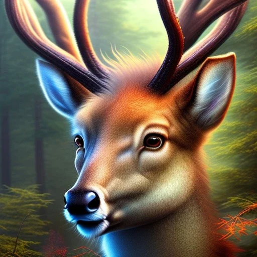 fantasy art, book cover, "As your horse ride deeper into the forest, you begin to see signs of wildlife. A closeup of a fluffy deer dashing."