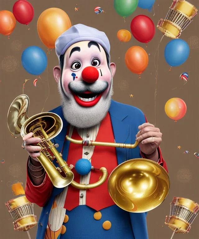 happy and funny old friendly clown with round head and trimmed beard playing jazz with a steampunk theme, trumpet on mouth, paintbrush and aisle, carnival, dreamy