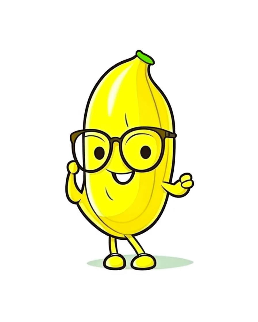 cute line drawing of a funny yellow banana character wearing glasses on a white background.