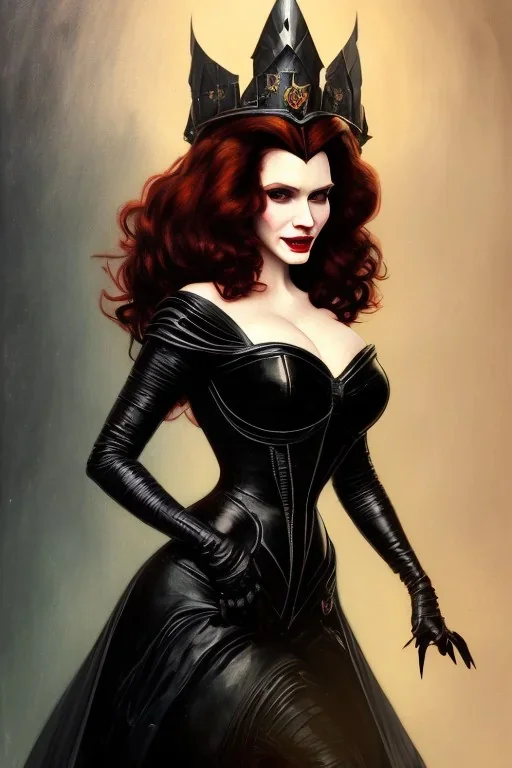 painting of christina hendricks as evil queen in black leather, feminie, angry, volouptous, busty, cleavage, emperious, mature, highly detailed, digital painting, artstation, concept art, smooth, sharp focus, illustration, art by gaston bussiere and alphonse mucha