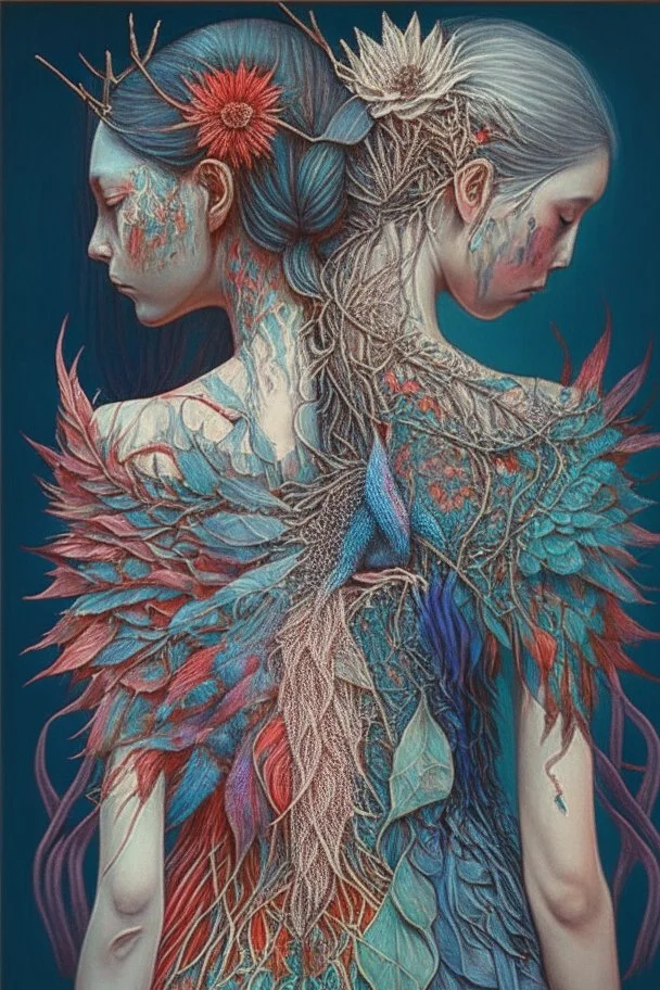 Girl with thorns on her back; girl wearing in intricate gown mixed media such as feathers, thorns, flowers, colorful thread, and gemstones; neo-surreal; quilling, masterpiece, Intricate, provocative