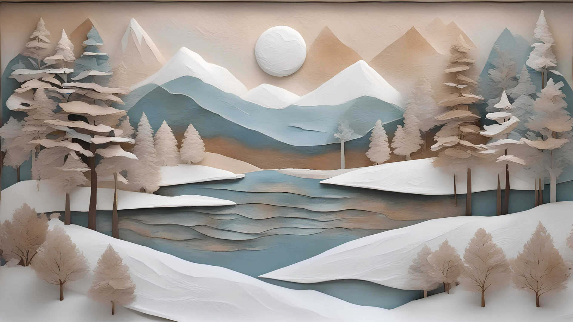 Papier Mache, paper layers, muted color, a magical winter landscape with a lakeshore