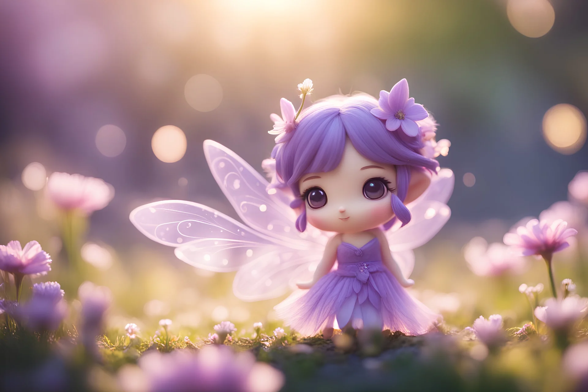 cute chibi purple fairy, flowers, in sunshine, ethereal, cinematic postprocessing, dof, bokeh