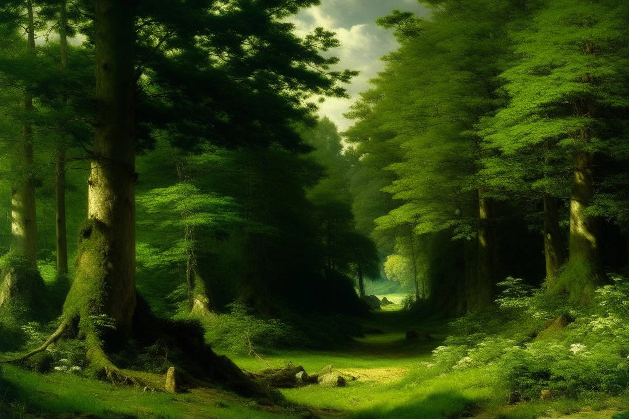 A green forest with tree tanks painted by Gustave Courbet