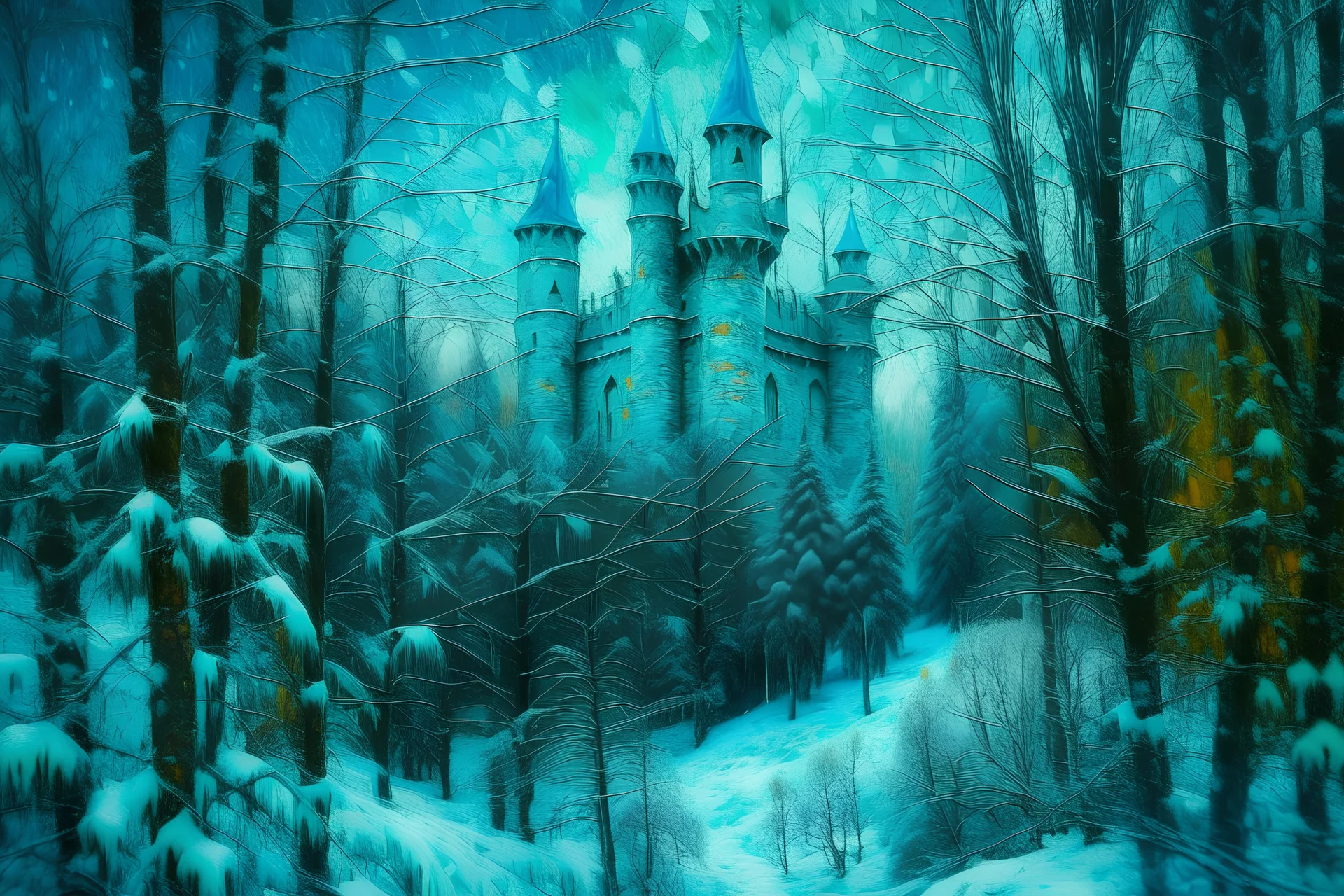 A cyan castle in a winter forest with falling snowflakes painted by Vincent van Gogh