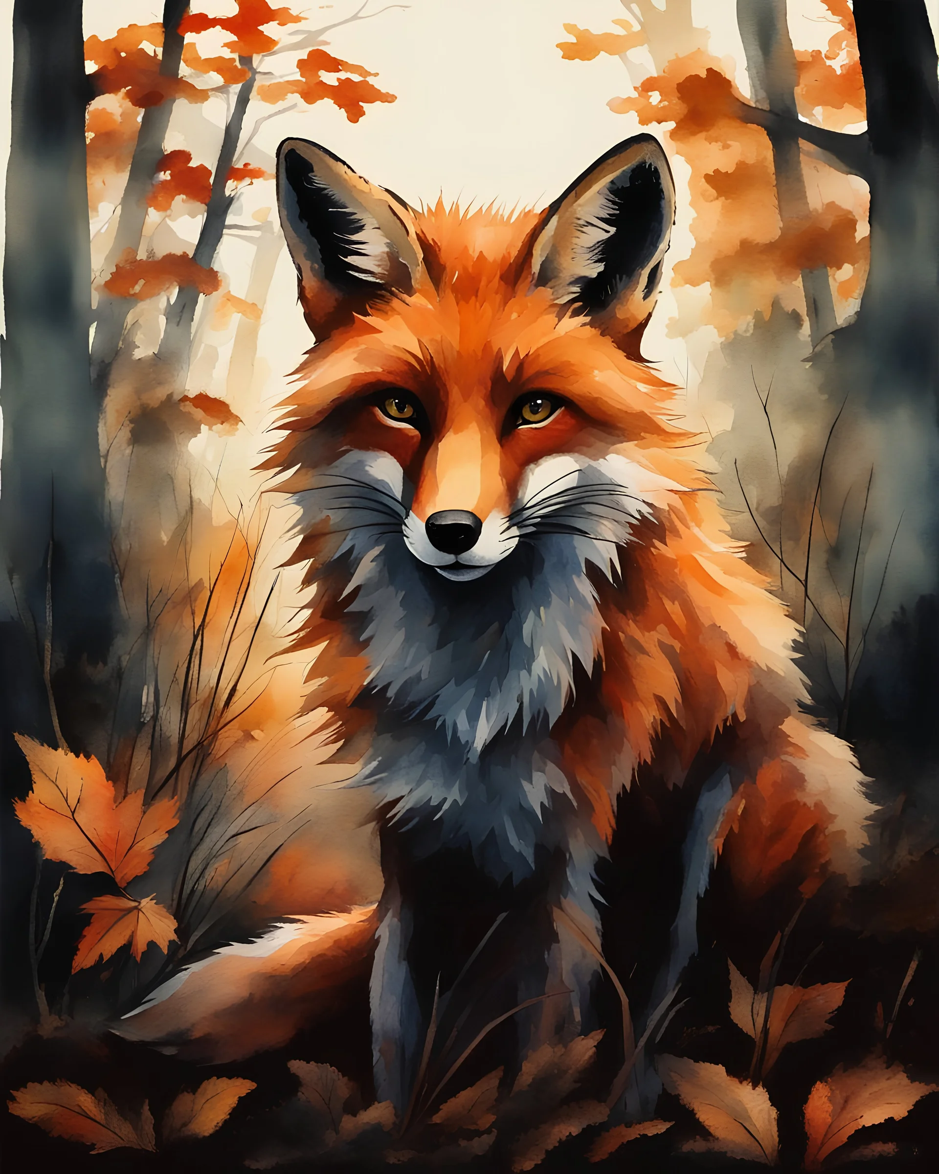 fox in a dark forrest, water color, https://i.pinimg.com/564x/de/10/3e/de103ec21a6acc3f452227e7fb1b826e.jpg