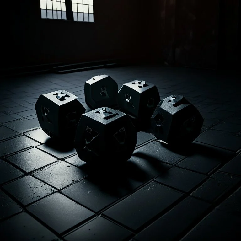 Hexagon dumbbells pair of two, each 12.5KG. Inside a dark and moody gym on the black rubber tile floor. Bird perspective on the dumbbells laying on the floor.