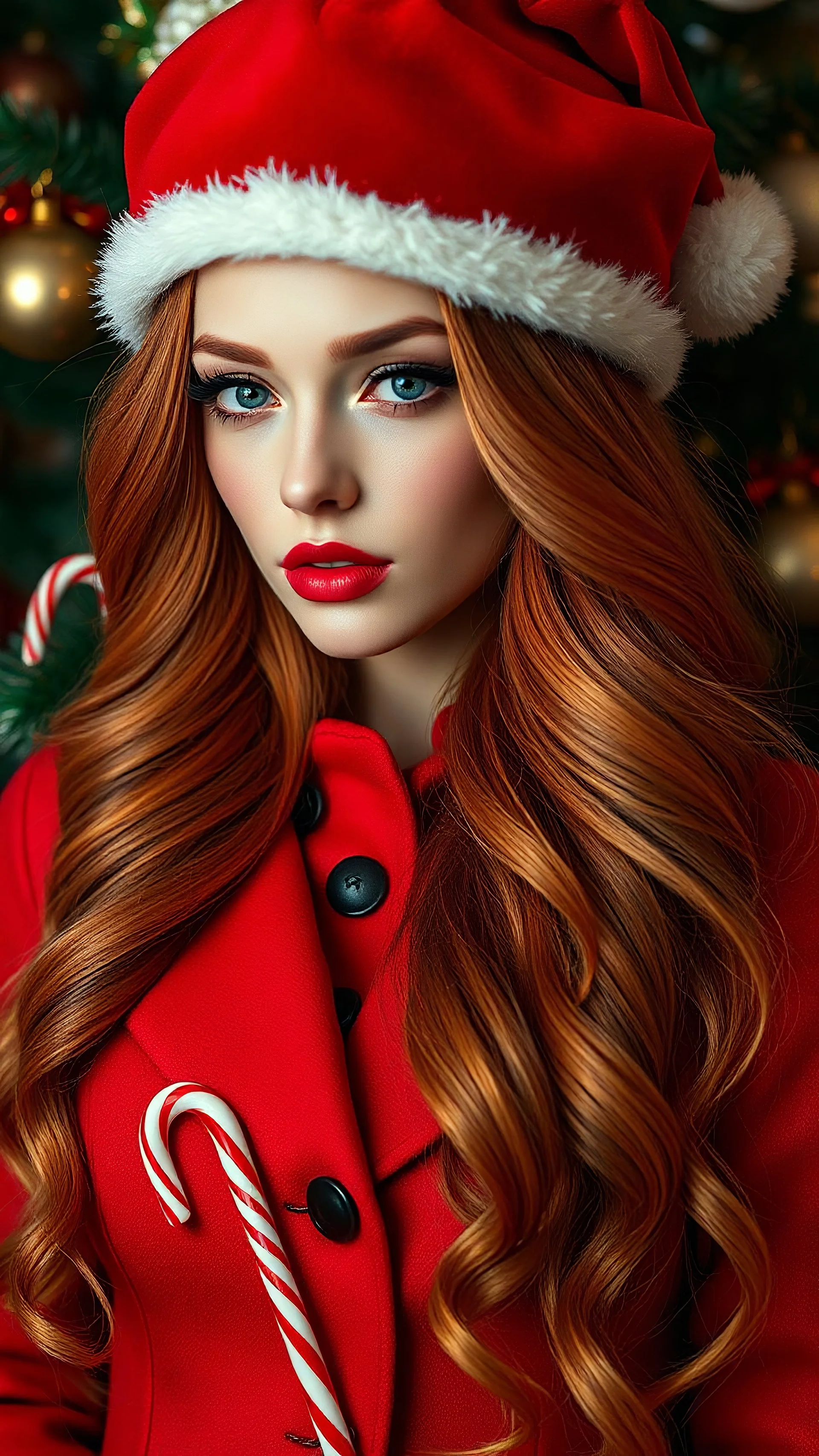 The scene captures the perfect symmetry Naughty Christmas themed. A hyper photorealistic. ethereal goddess. Her shimmering, fair pale skin radiates . Her hair flows like silky red, gold and green. Red jacket. Hat. Bells. Candy canes. Tree. Decorations.