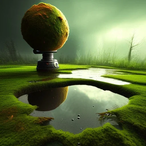 hyperrealistic shot, rusting and moss covered giant joystick, earth color palette, sharp focus, puddle reflection, water splash, refraction, bats flying, rain and lightning on the horizon, shadowcast, detailed and intricate, cinematic composition, tilt shift photography