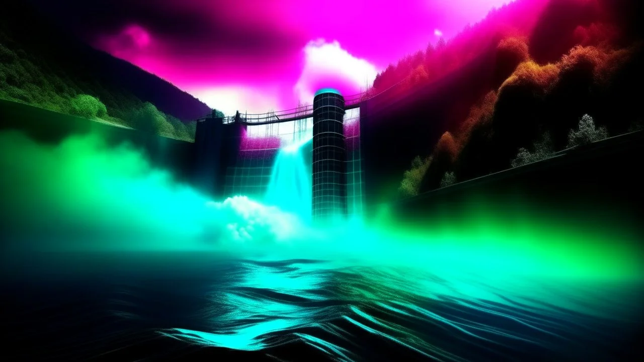 dark and mysterious, Towering, hydroelectric dam generating renewable energy, its powerful turbines churning the deep, turquoise reservoir below, Burgundy-&-blue color, iridescent style, bright and reflective atmosphere light effects, holographic background, dark shadows and fog, blurred, neo-expressionism