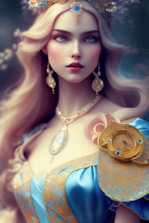 alice wonderland, blue dress, young woman, starry eyes, sinematic depth of field, alfons mucha, clay model, art blender,