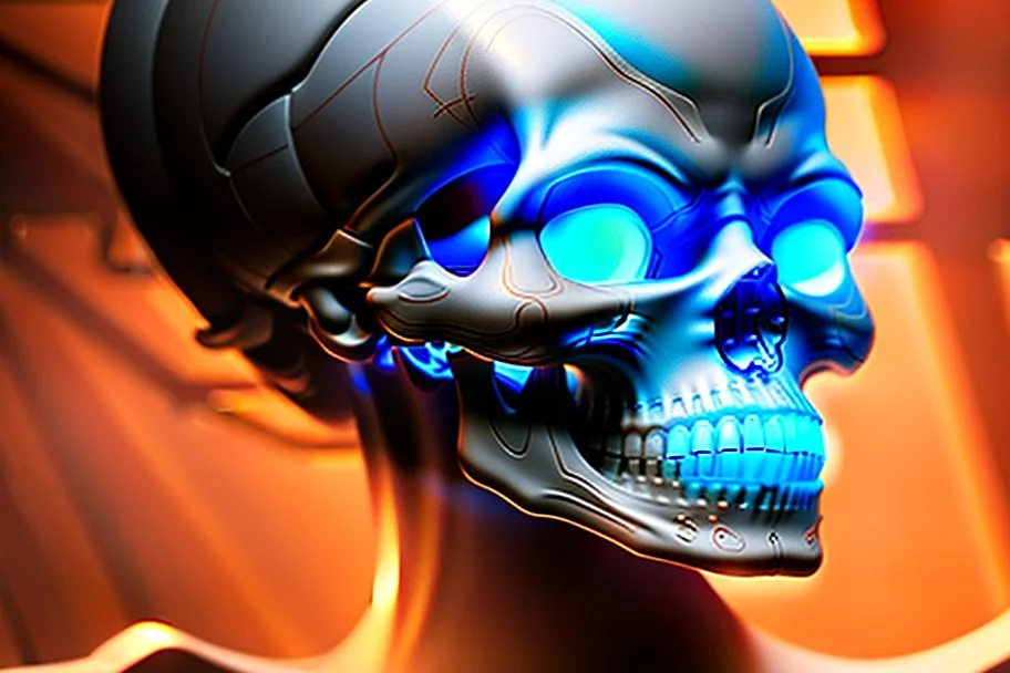 A glass headed skull with glowing sapphire eyes wearing a futuristic headset, 8k resolution concept art portrait by Greg Rutkowski, Artgerm, WLOP, Alphonse Mucha Boris Vallejo dynamic lighting hyperdetailed intricately detailed Splash art trending on Artstation Unreal Engine 5 volumetric lighting