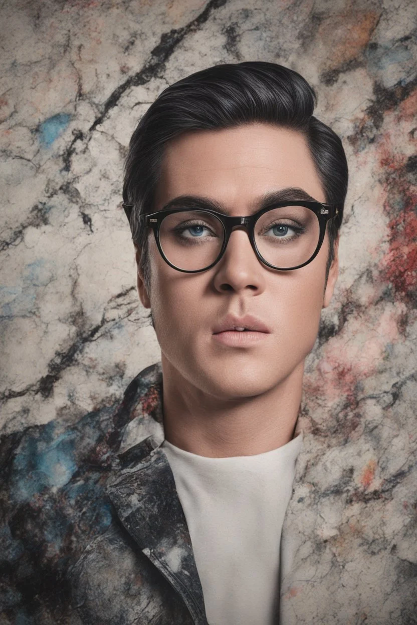 Elvis Presley, Lucy Hale Hybrid, thick, black framed, dark tinted, cat-eye eyeglasses, 4k UHD, photorealistic, bright, extremely colorful, multicolored, foggy, gradated marble wall background, extremely detailed skin texture,