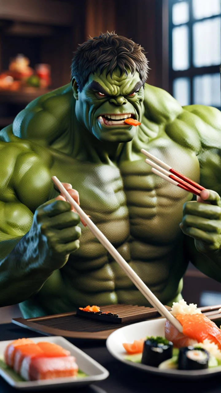 a hulk eating sushi with chopsticks, photo, 8K UHD, police