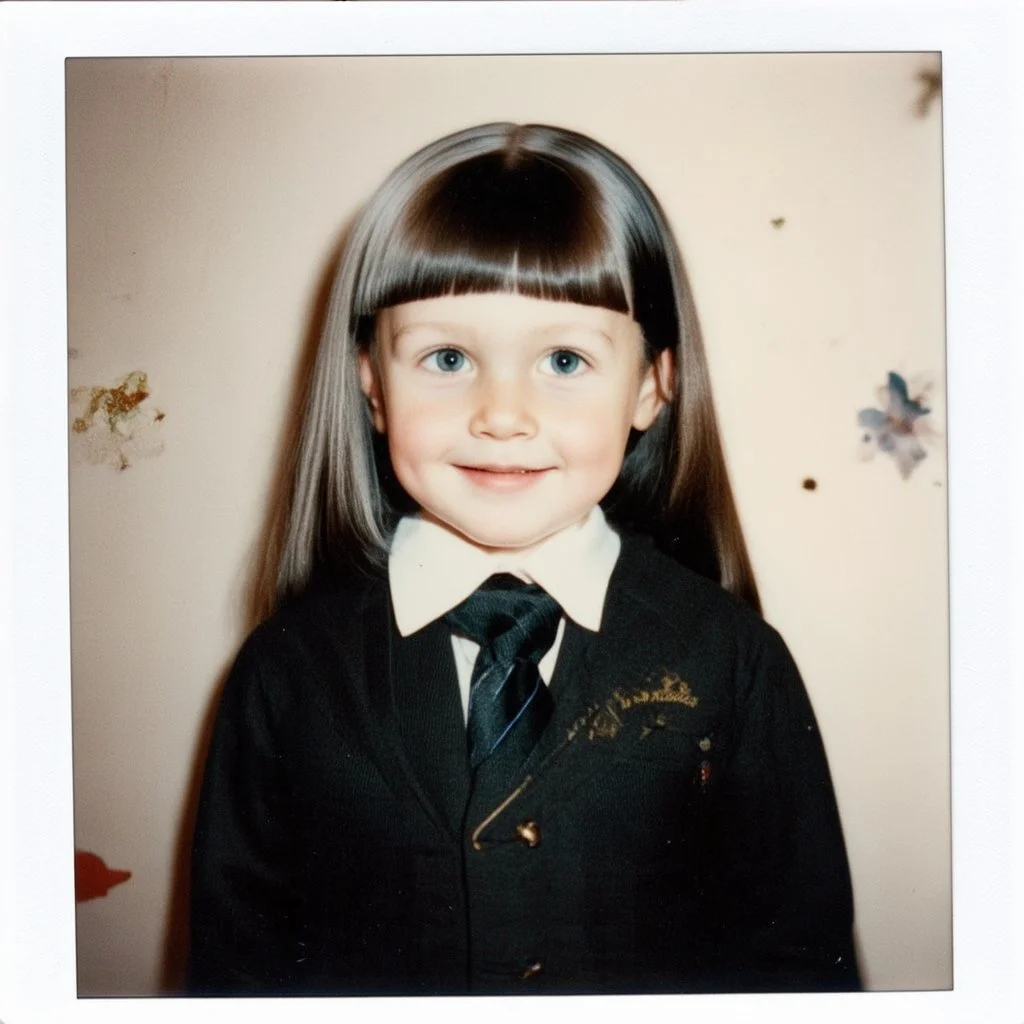 White haired wednesday addams as a child, polaroid, 1970s