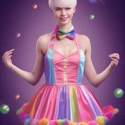 full body photo of smiling feminine pretty 19 year old boy wearing all pink girl's babydoll dress that is too small, with rainbow glitter eye make-up, flat chest, pronounced adam's apples, short and long pink hair, no body hair, no tattoos, lgbt, transgender, highly detailed, photo realistic, plain background, still shot, photo realism, full body photo, 8k high resolution, high detail, --ar 2:3 --v 4