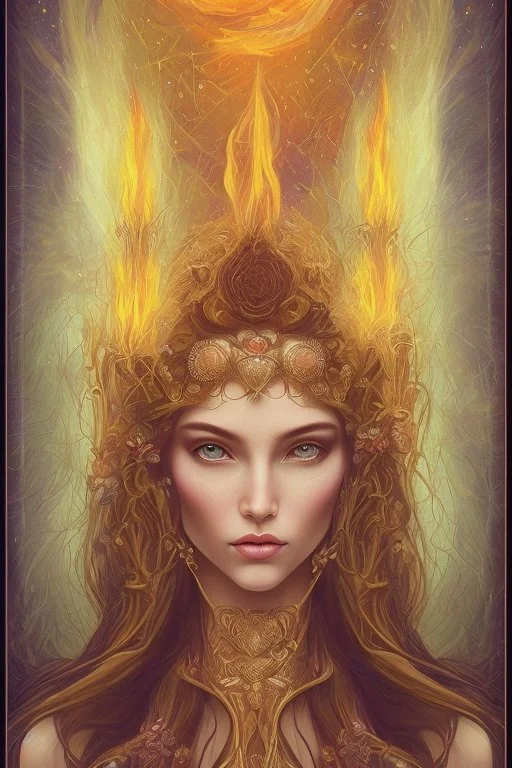 Create an image of a Wiccan Mayday Goddess. The goddess should be depicted as a beautiful and powerful figure, surrounded by symbols of the element of fire. Her hair should be long and flowing, and she should be dressed in a flowing gown or robe. In the background, include imagery of flowers, greenery, and perhaps a bonfire or other symbols of the Beltane celebration. The image should evoke a sense of joy, celebration, and spiritual connection to nature.