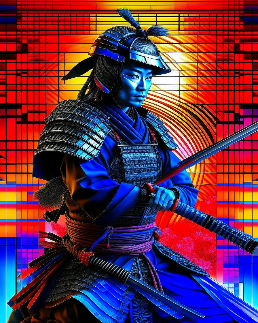 Create an image that is more interesting and cool, featuring a warrior katana in traditional japanese attire with modern or futuristic elements, set against a vibrant and detailed background that blends cultural motifs with imaginative designs