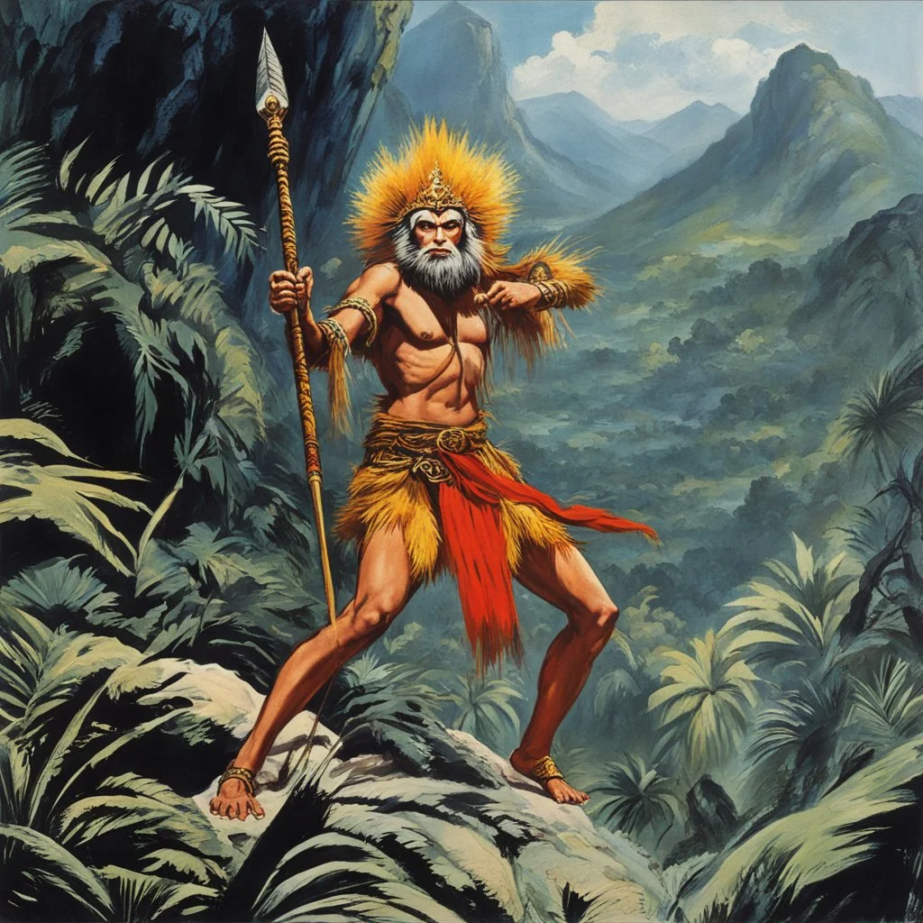 [Jason and the Argonauts (1963)] Legendary Monkey King with her staff on the jungle hills feet, and monkey tail, multiple arms shiva