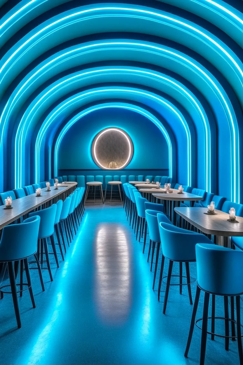 A restaurant whose outer walls are oval in shape, the color of the inside is blue, and its floor is light, with a bar table in the middle of the restaurant in the shape of an oval containing 30 chairs