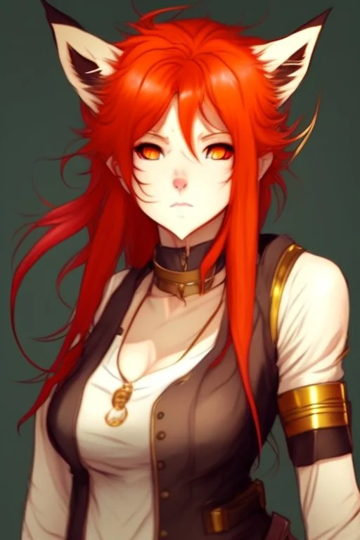 An anime adult female with red hair and gold eyes, fox ears