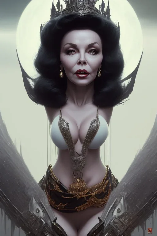 Joan Collins as evil queen in black leather, leather, busty, cleavage, angry, stern look. character design by cory loftis, fenghua zhong, ryohei hase, ismail inceoglu and ruan jia. unreal engine 5, artistic lighting, highly detailed, photorealistic, fantasy