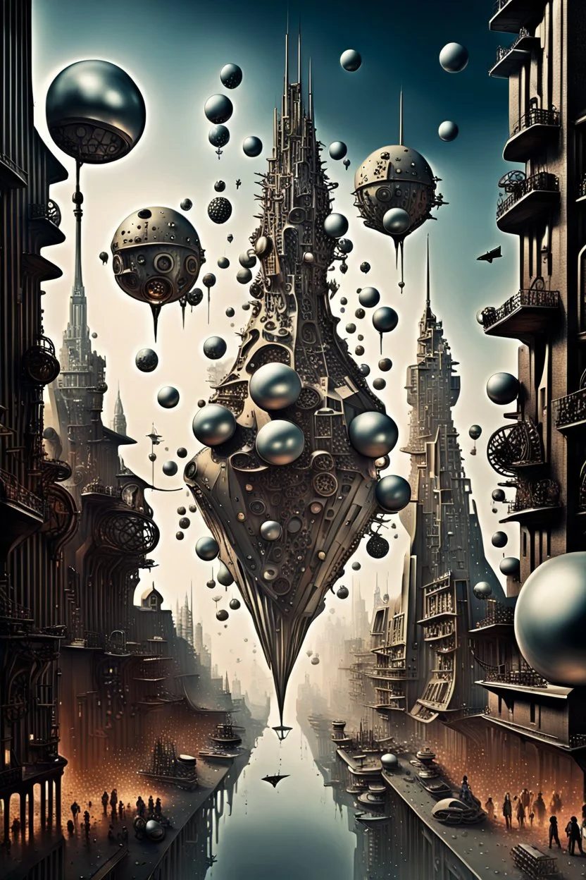a stunningly weird image of a futuristic metropolis using Salvador Dali's paranoiac-critical method, where buildings and structures appear to melt into the skyline cityscape is filled with floating balls and triangles and mad, twisted sharp metal shapes that interact with the buildings and each other, forming a surreal tableau of a dreamlike reality. neu-steampunk vibe, essence of the scene in a cinematic manner, with dramatic shadows that enhance the distorted perspectives and bizarre
