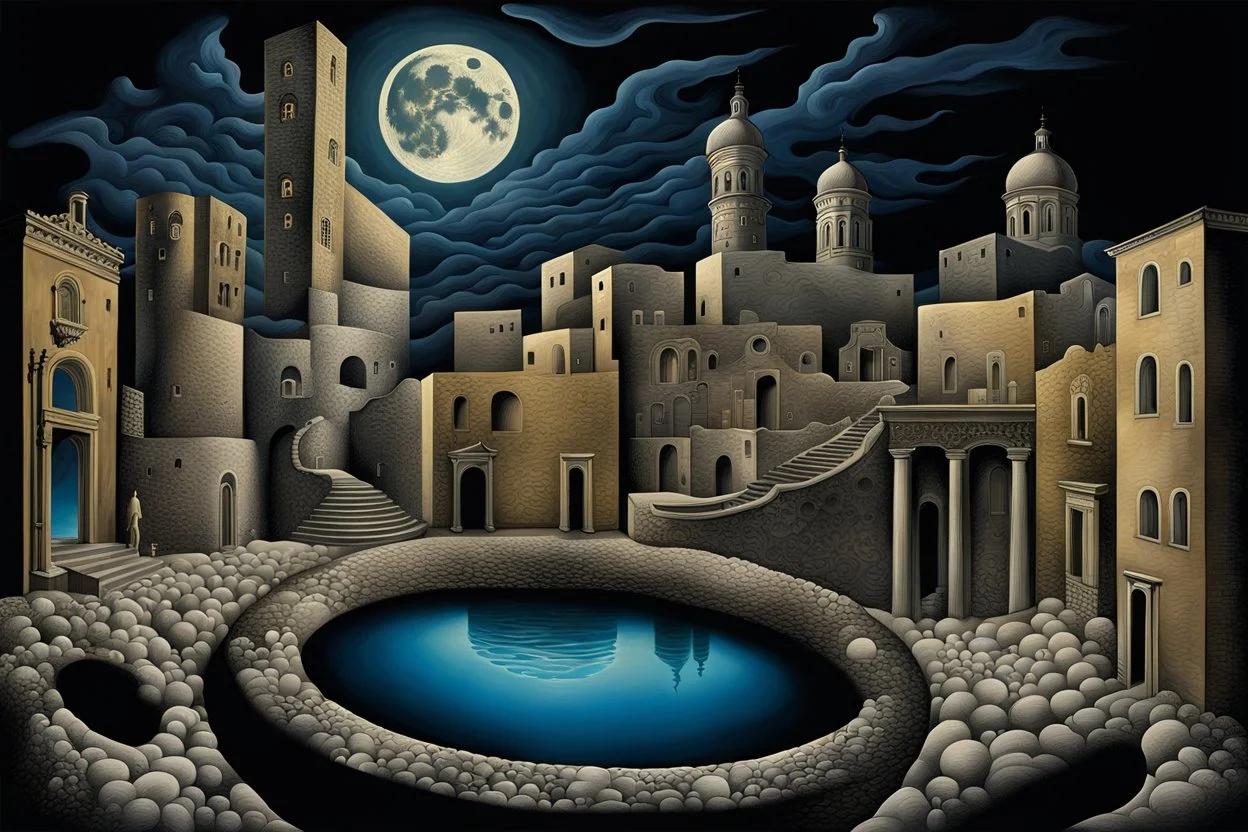 midnight in surreal old city with one big full moon, shadows on walls, strange buildings, sinister by Greg Rutkowski surrealism Salvador Dali matte background melting oil on canvas sinister by Greg Rutkowski surrealism Salvador Dali matte background melting oil on canvas abstract vector fractal, wave-circle function, Zentangle, 3d shading