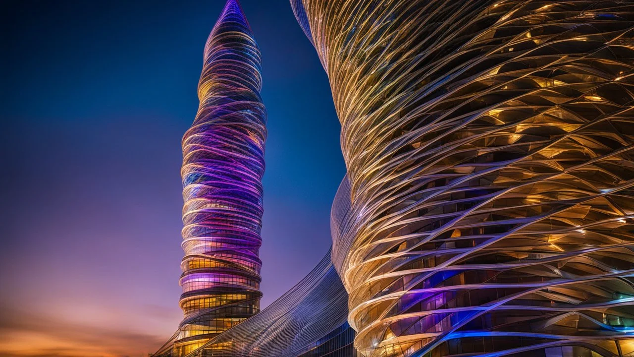 94625, delightful, sensitive, confident, iridescent double helix tower, delicate, nocturnal, architecture, award-winning photograph, beautiful composition, filled with beautiful detail, delicate colour, chiaroscuro