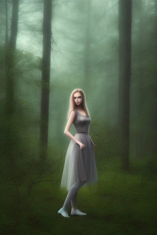 Beautiful pretty girl in picture in foggy forrest afternoon, 8k resolution, super hd detail realístic, fantasy