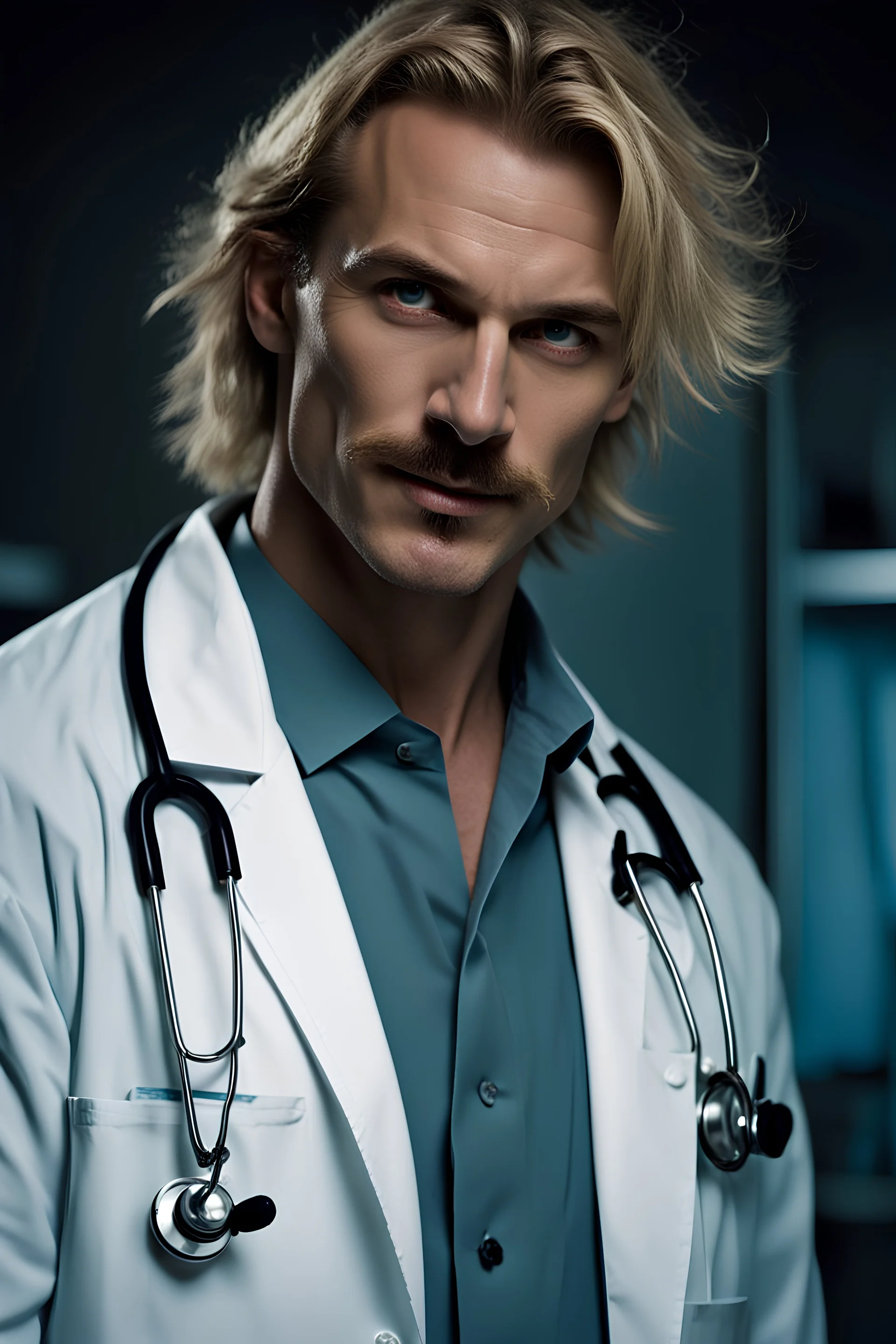 Mid-thirties, Caucasian male doctor, creepy smile, messy blonde hair, light-colored thick mustache, pale blue eyes, broad shoulders, muscular, six foot, Hawaiian shirt under white lab coat, bloodstains at the edges of the lab coat. Strong Jaw line, in a dark, shadowy room with tendrils of black reaching around him. photo realistic