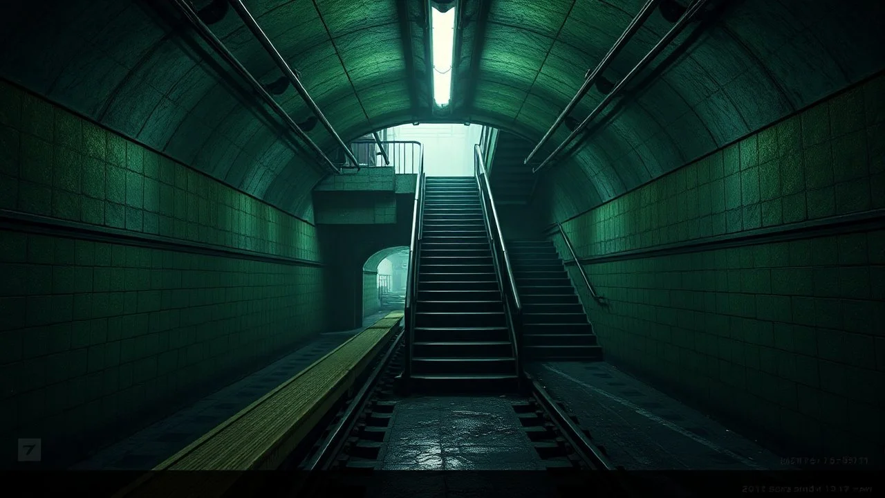 GAME CONCEPT ART .two poin perspective.Station platform and stairs .Inside the old subway tracks, . Low light and closed green moss walls. Like the original design of the game space ,digital art.landscape,far camera old painting,2 Chen and George Hopper, Rembrandt lighting, a dark green color scheme, ethereal light. --ar 13:16 --v 6. 0 metro game