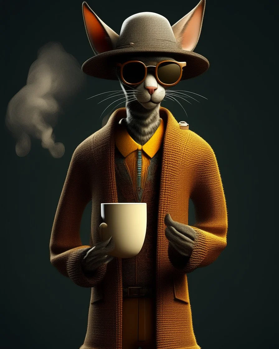 Cool Dude. slender sophisticated Oriental shorthair Siamese chocolate point cat cat standing upright on two legs wears a chunky mustard knit cardigan, patterned trousers and a wide-brimmed felt hat, cradling a steaming ceramic mug in one paw with supreme nonchalance. Exaggerated long whiskers and circular dark sunglasses complete the effortlessly cool ensemble. Full-body photorealistic 3D character render against a moody warm-grey studio background with dramatic side light