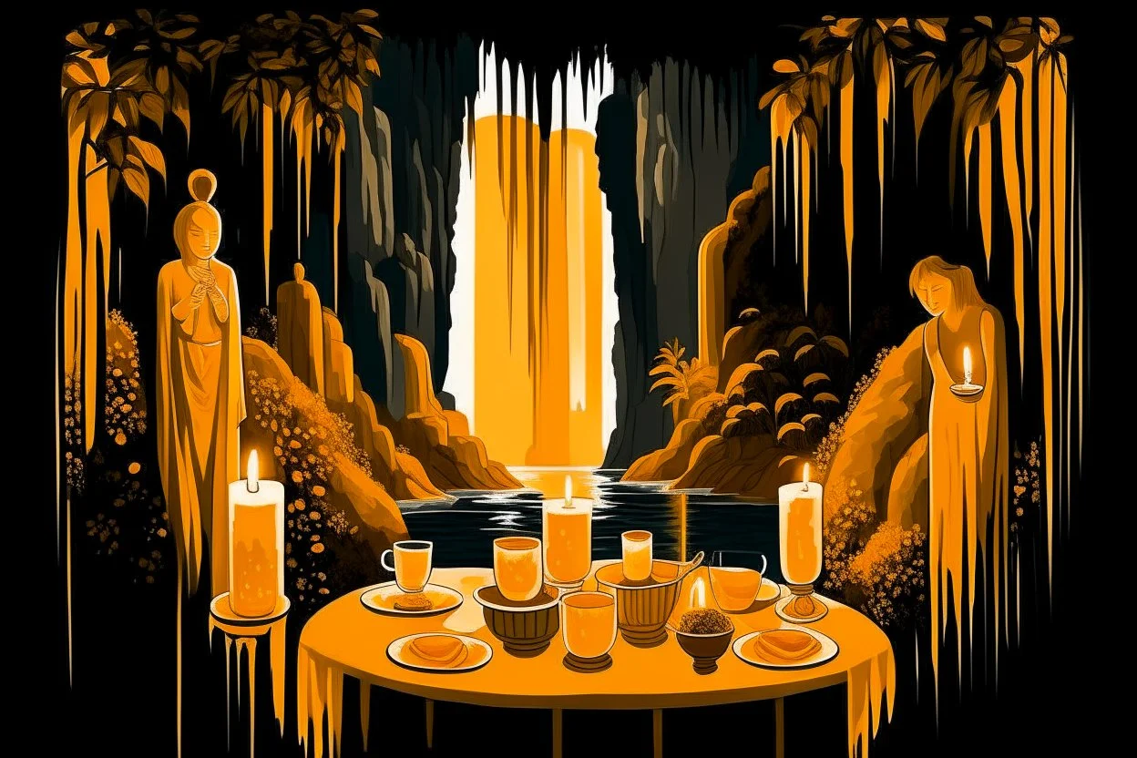 ochre caricarure of dinner in candlelight, double exposure waterfall landscape at night