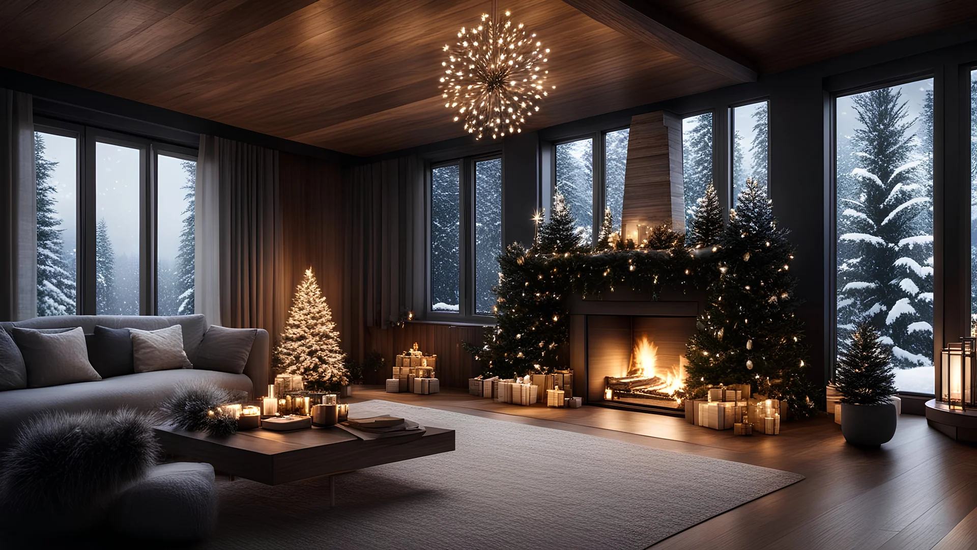 darkness,photoreal, christmas decoration in the big living room made of wood and glass elements , adorned with twinkling lights, in the living room,next to the fireplace,large windows with snowy firs outside,christmas decoration,lights off,cozy,calm,high-quality photograph,photorealistic, shot on Hasselblad h6d-400c, zeiss prime lens, bokeh like f/0.8, tilt-shift lens 8k, high detail, smooth render, unreal engine 5, cinema 4d, HDR, dust effect, vivid colors,night