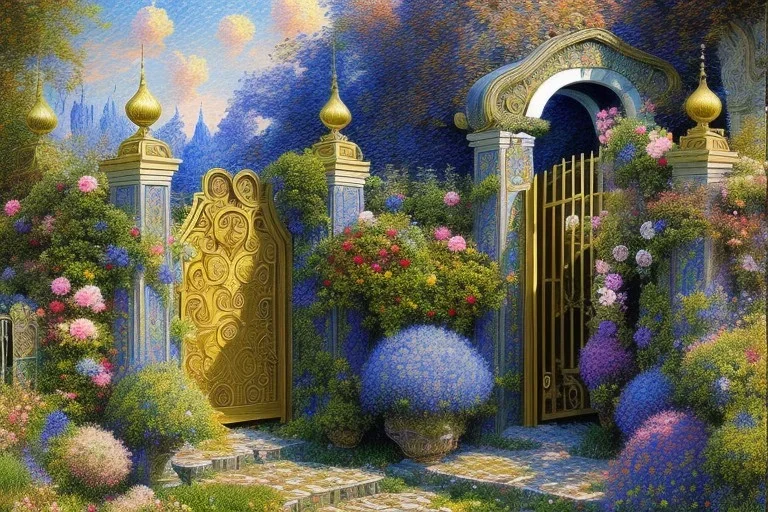 intricate ornate gate, garden, path, flowers, fine detail, high quality, Post-Impressionism, mystical, neo-dada