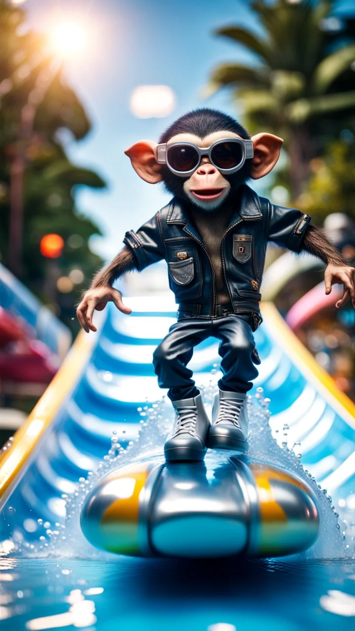 magazine cover, twisted rock star alien gremlin monkey rapper crew with silver boots as a pimp on rocket rushing down heavens water slide,bokeh like f/0.8, tilt-shift lens 8k, high detail, smooth render, down-light, unreal engine, prize winning