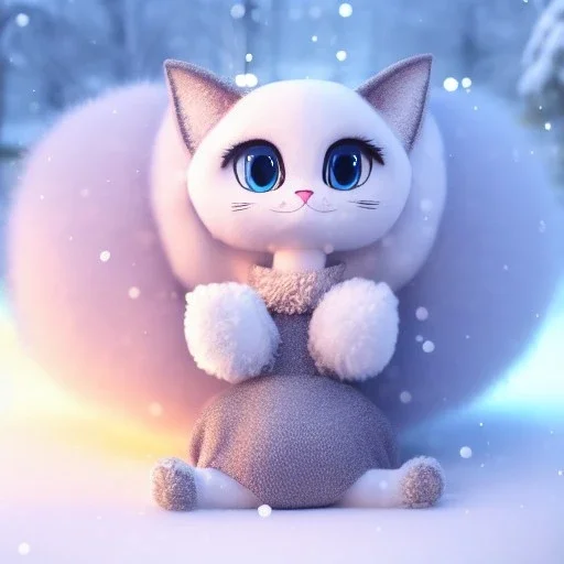 Cute fumo plush of a beautiful princess cat girl wearing a puffy jacket in a winter wonderland; beautiful full volumetric lighting, cinematic shimmering illumination, brilliant coloring, smooth, sharp focus, crispy quality, vray; Pixar, Disney, Artstation; HD, HDR, SF, CGSociety, 16k, photorealistic, unreal engine