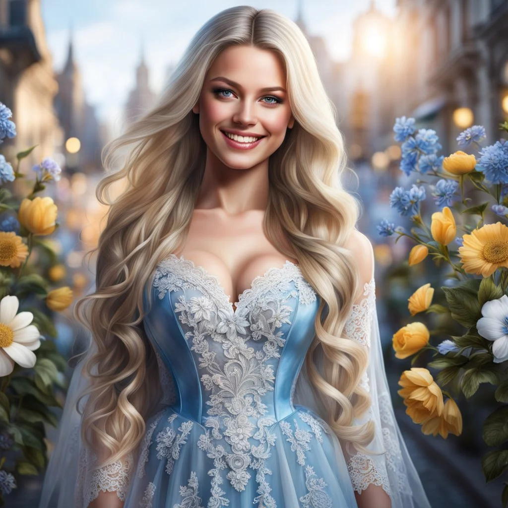 (best quality, 4k, 8k, highres, masterpiece:1.2), ultra-detailed, (realistic, photorealistic, photo-realistic:1.37),hyper realistic, full body gorgeous smiling 1woman,long hair,looking at viewer,realistic proportions,blue eyes,hair ornament,transparent lace dress,very long hair,flower,blonde hair,parted lips,necklace,white dress,blonde hair,lips,joyful pastel background,freckles,realistic,head wreath, pink flower,realistic portrait, dreamy fantasy landscape countryside,great pespective,crystal