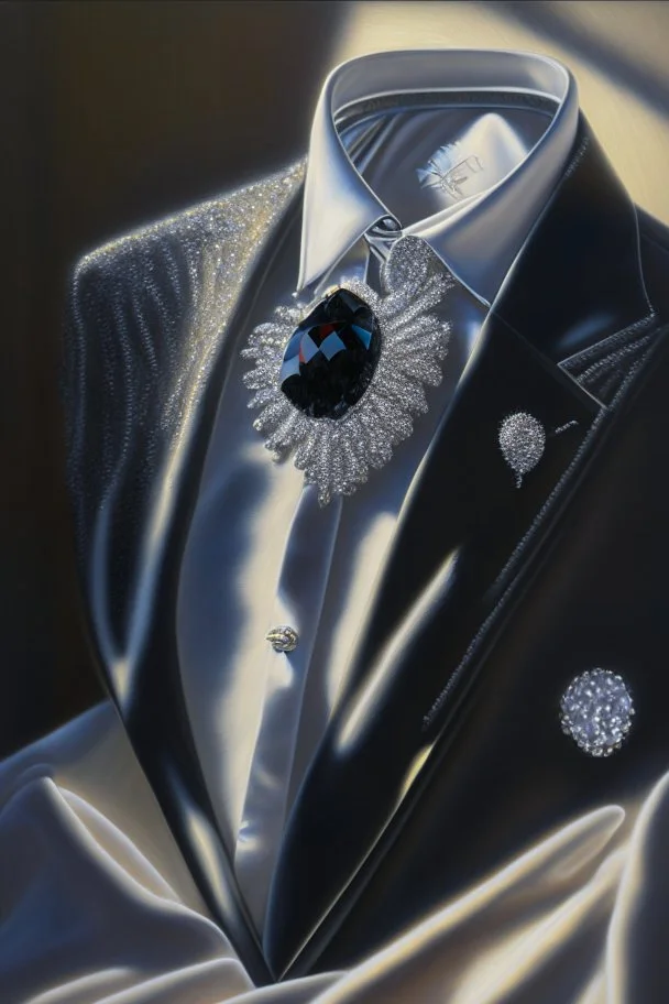 A silver brooch pinned to the collar of a black velvet suit, set with sparkling diamonds, in a luxurious bedroom in the sunlight Hyper realistic, oil on canvas award winning fantastic view ultra detailed acrylic art Ultra realistic Impressionism Surrealism simen johan, sharp focus intricate oil on canvas cinematic lighting photorealistic high detail ultra detailed crisp quality colourful