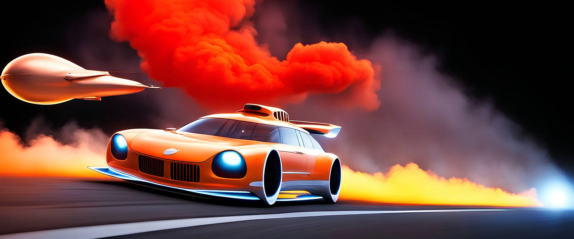 award winning car and driver photograph of a futuristic station wagon dirigible hybrid designed by only one vehicle per image painted metallic orange traveling at a high rate of speed, jet intake off of front center of vehicle and jet exhaust out the rear with bright blue flame, bilaterally symetrical, more a high speed road vehicle