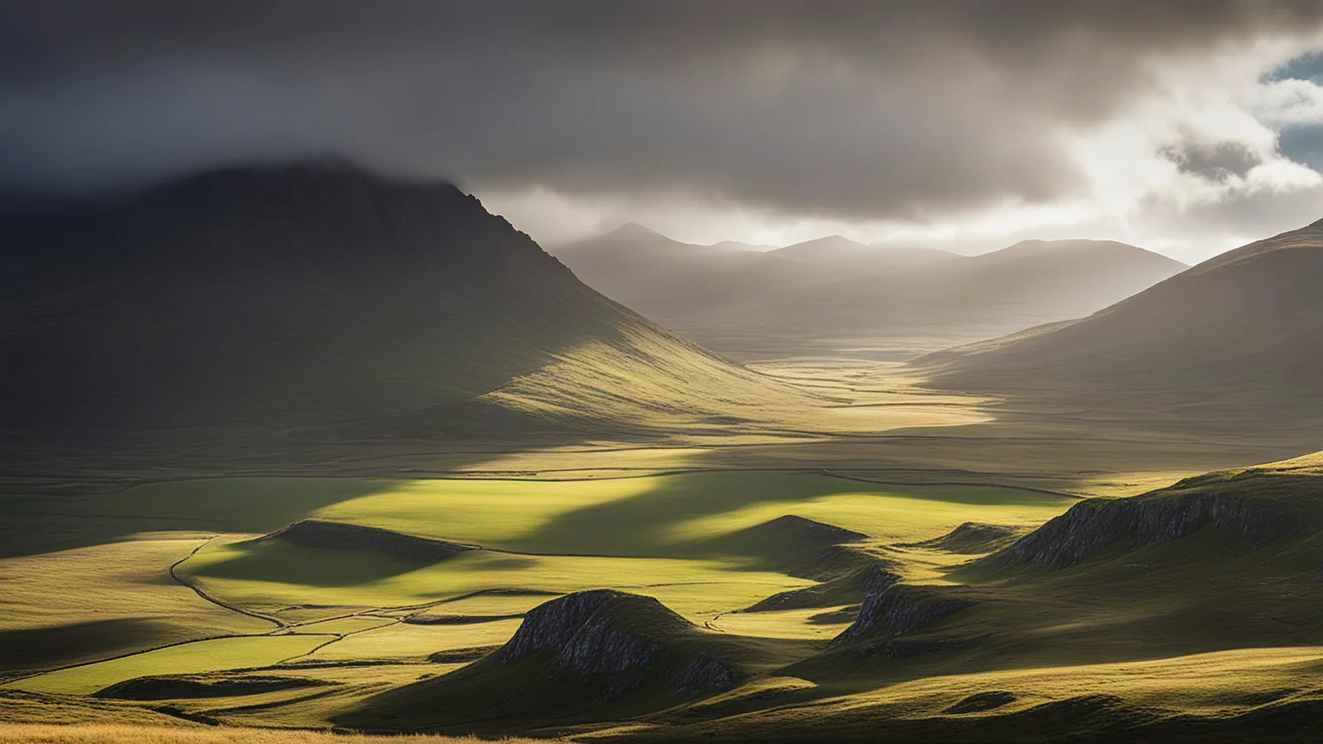 Mountainous landscape in the Hebrides, sunlight, chiaroscuro, awe-inspiring, beautiful composition, award-winning photograph