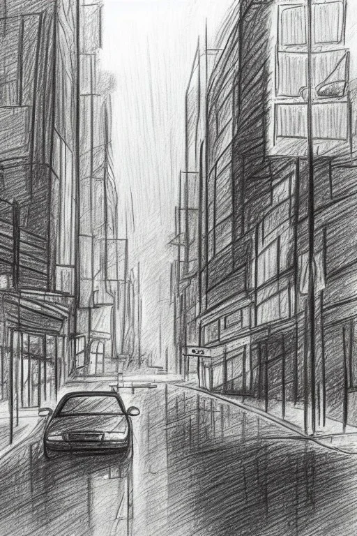 Pencil sketch of A car stops on an empty street, a traffic light, It's raining hard, night , houses on the side ، on lined paper