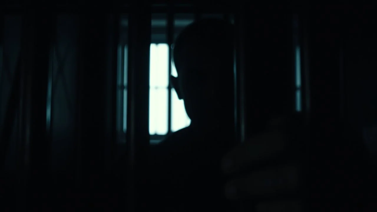 close up parallel prison window bars in foreground, dark prison cell behind him, hidden dark human face partially visible through the window bars, pale light, vertical shadows in background, ultra realistic, dark atmosphere, high contrasts, dark vibe, cinematic